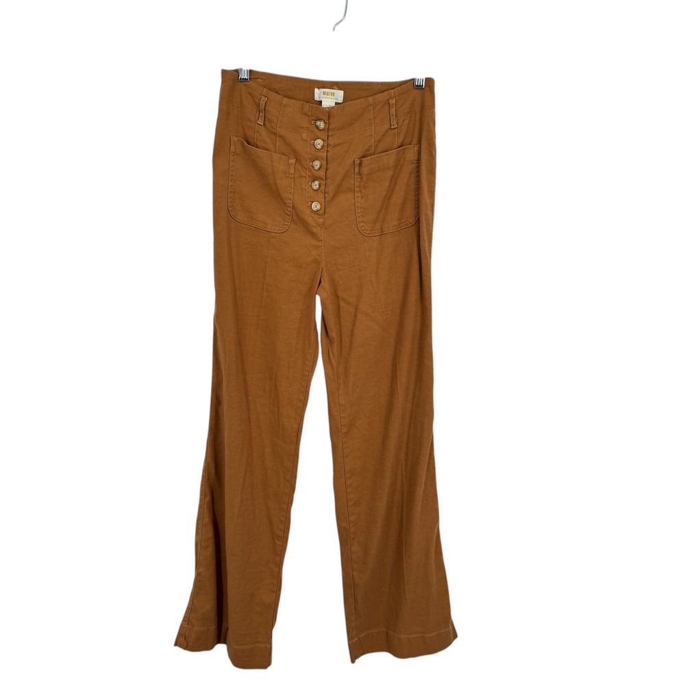 Maeve Linen Wide Leg Pant Trouser Women SZ 8 Brown Exposed Button Fly High Rise
